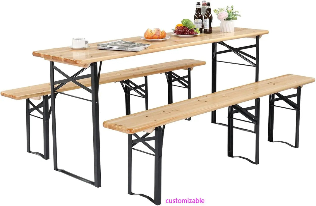 70 Inch Folding Picnic Tables with Benches Set, Weather-Resistant Wooden Beer Garden Table Bench, 3-Piece Portable Fold Up