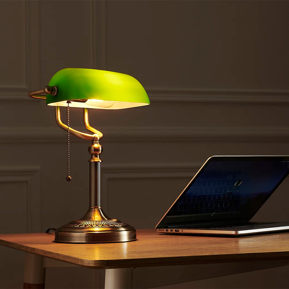 New Plug In Table lamp Glass Shade Bankers desk Lamp with Zipper Switch E27/E26 Living room Bedroom Bedside Sofa Library