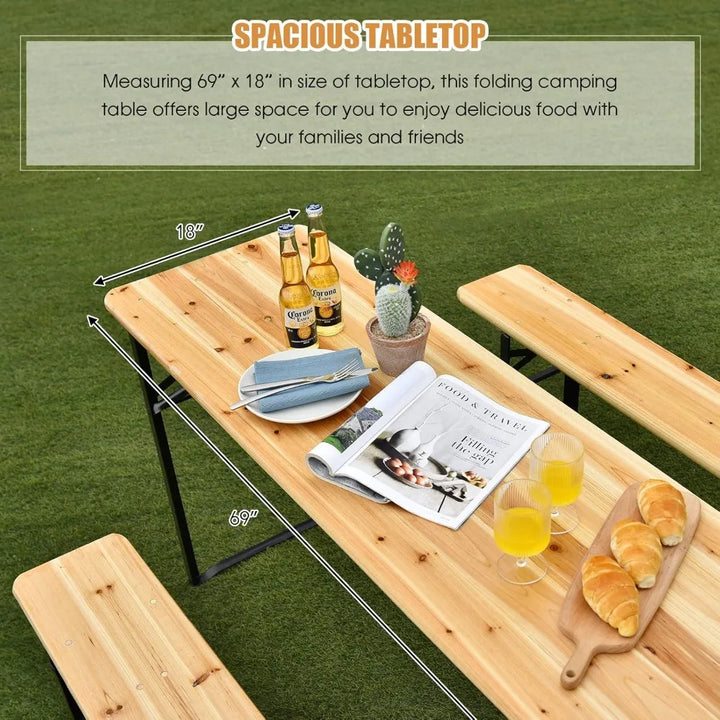 70” 3-Piece Portable Folding Picnic Table Bench Set, Portable Picnic Beer Table w/Wooden Tabletop, Outdoor Foldable