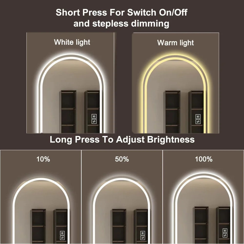 65" x 21" Arch Design LED Full Length Mirror ,Dimmable,  High Definition & Explosion-Proof, Full-Length Standing or Wall