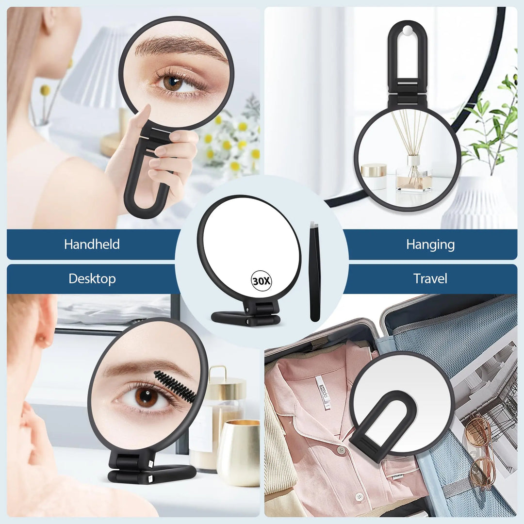 Beauty Planet 30X Magnifying Mirror, Hand Mirror with Handle, Double Sided Hand Mirror with 30X/1X Magnification, Essential Trav