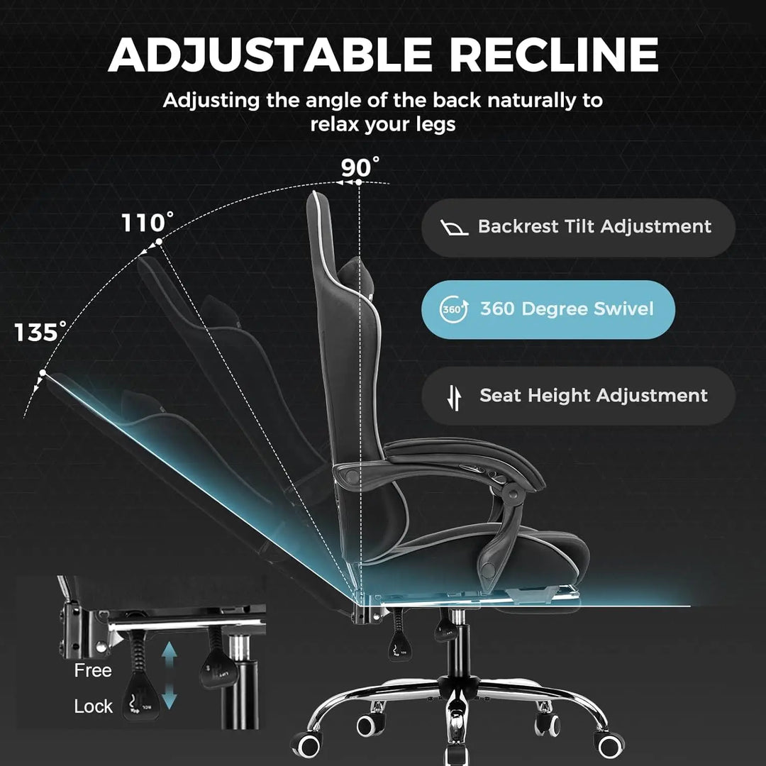 Gaming Chair with Footrest, Computer Chair with and Lumbar Support, Height Adjustable Game Chair with 360°-Swivel Seat
