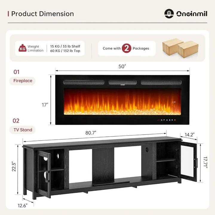 80" Fireplace TV Stand, 50 Inch Electric Fireplace & Modern Entertainment Center, TV Console with Adjustable Shelf & Glass Door