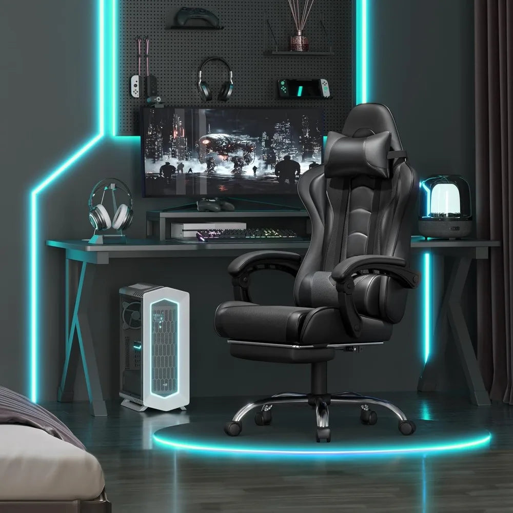 Gaming Chair, Video Game Chair with Massage Lumbar Support and Footrest Height Adjustable Ergonomic Computer Chair with Swivel