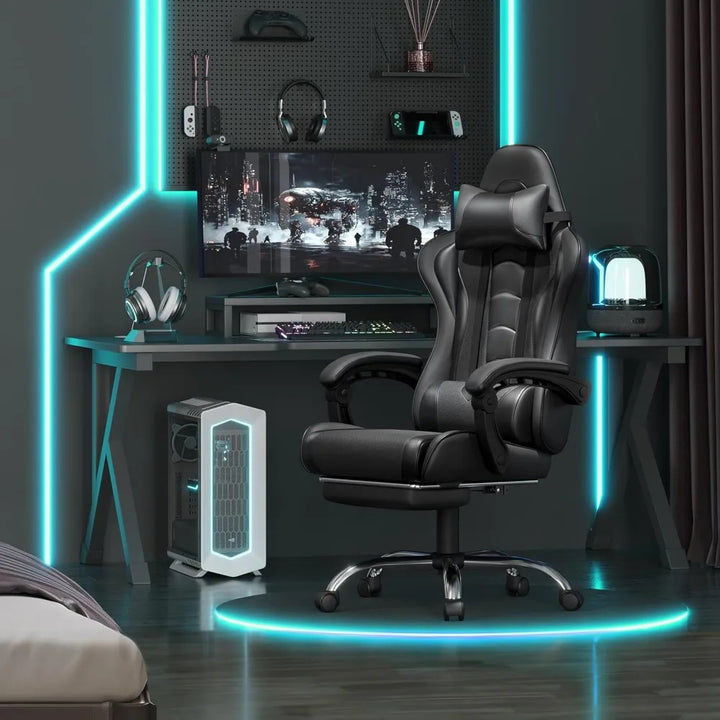 Gaming Chair, Video Game Chair with Massage Lumbar Support and Footrest Height Adjustable Ergonomic Computer Chair with Swivel