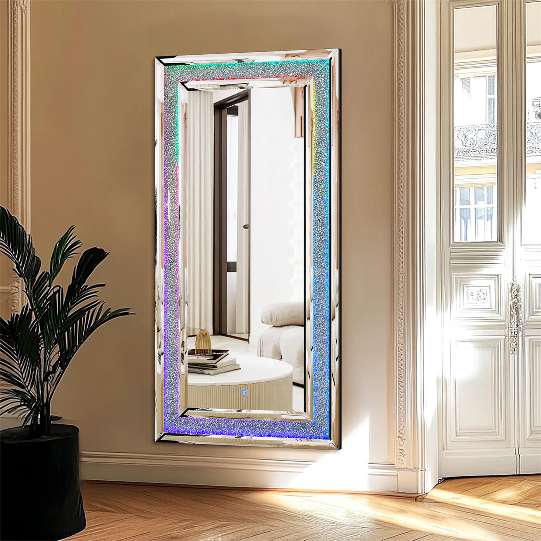 120x60cm LED Full Length Mirror with 7 Colors RGB Lights and Crushed Diamond Full Body Wall Mirror for Living Room, Bedroom