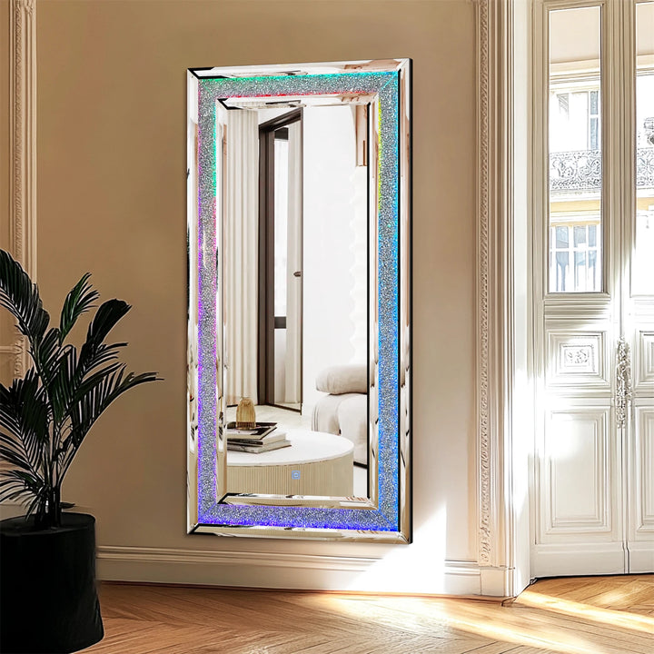 120x60cm LED Full Length Mirror with 7 Colors RGB Lights and Crushed Diamond Full Body Wall Mirror for Living Room, Bedroom