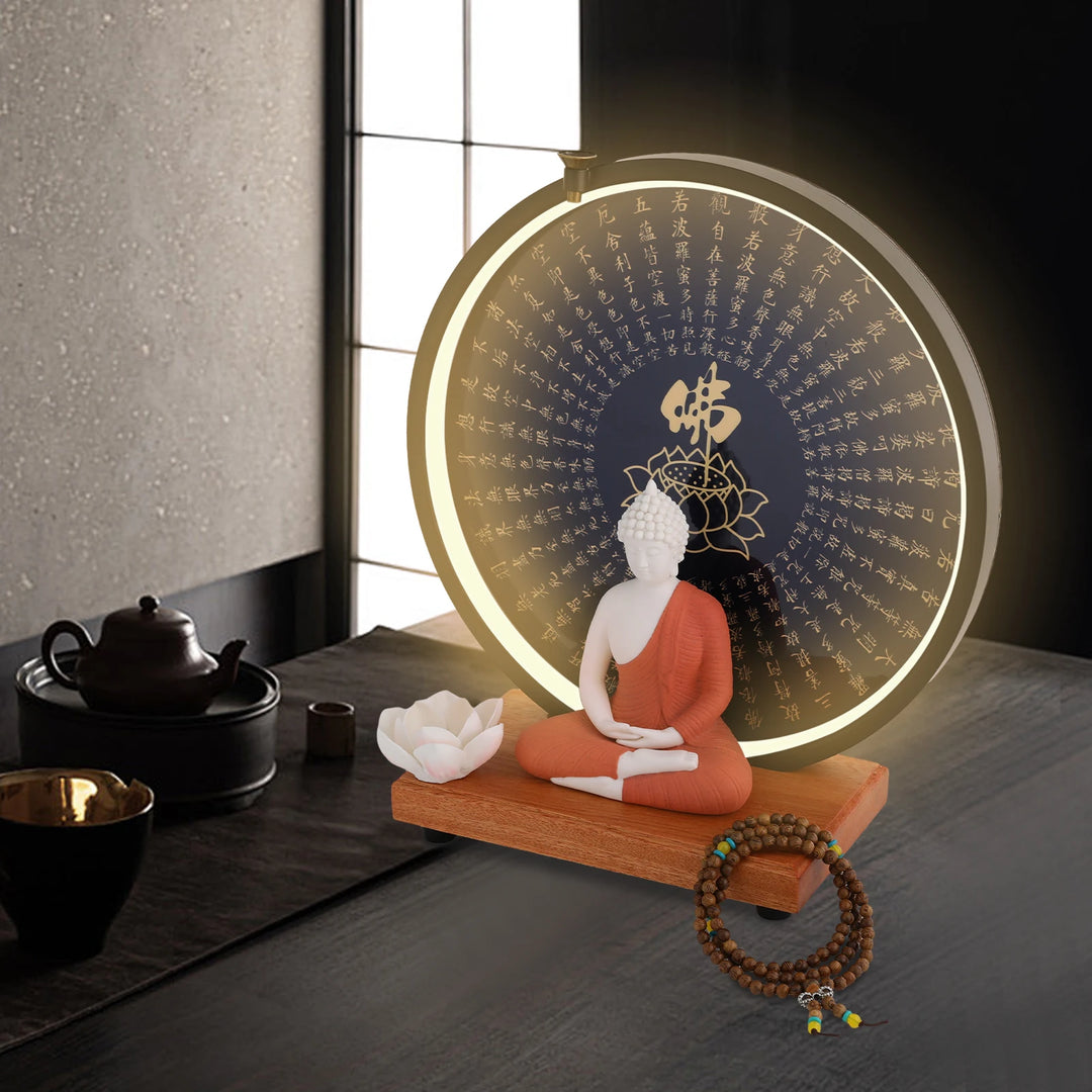 Ceramic Meditating Figurine for Home Décor with Circle LED Lamp – Decorative Sculpture