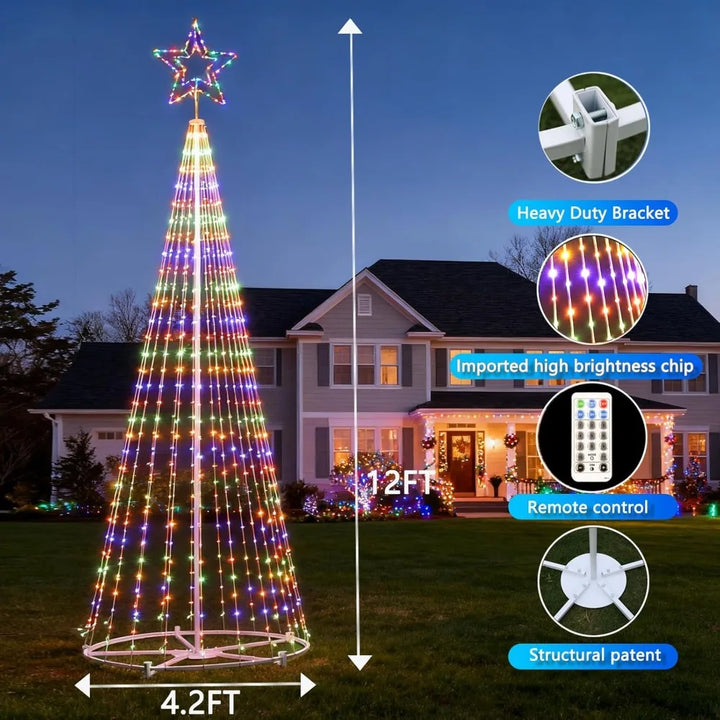 12-Foot Tall Star-Topped Outdoor Christmas Tree with 650 LED Lights and 8 Lighting Modes, Including Timer and Remote Control
