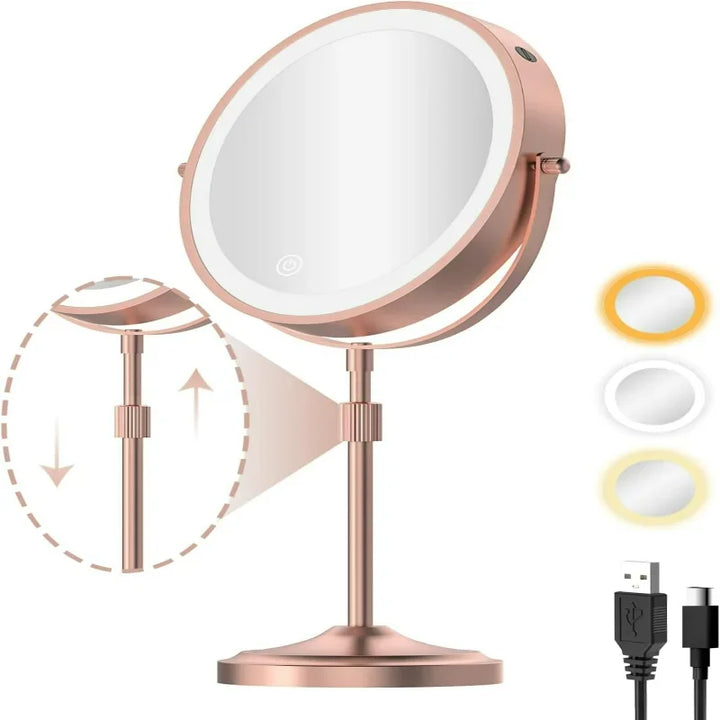 Adjustable Height Elegant Chrome Finish Lighted Vanity Mirror with 1X 10x Magnification, Dimmable Brightness, and Rechargeable 5