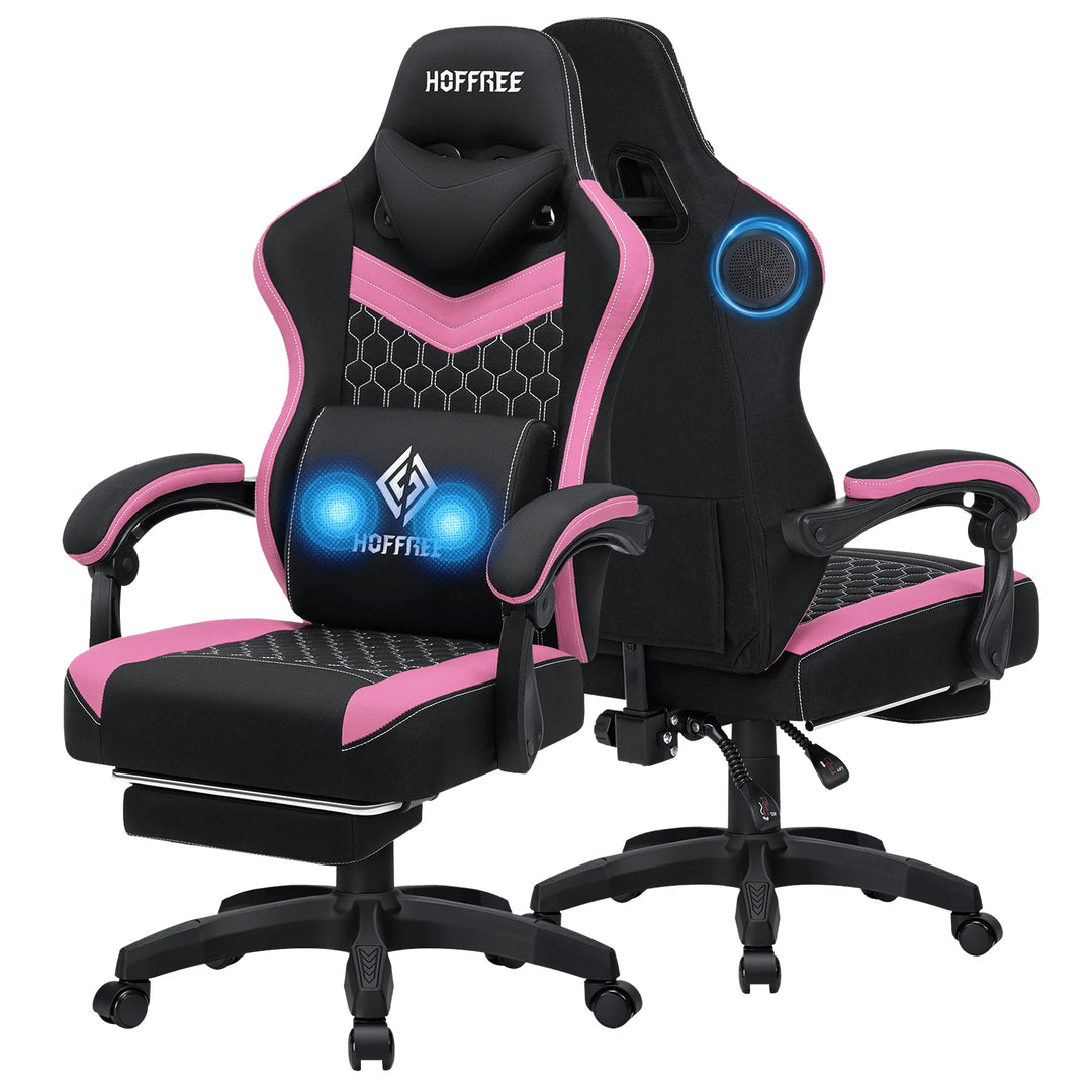Breathable Gaming Chair With Lumbar Cushion Bluetooth Speaker Dual Function Point Massage Height Adjustable Office Computer Chai
