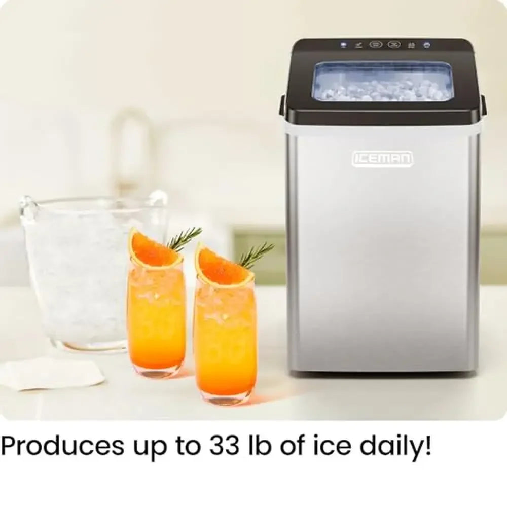 Nugget Ice Maker 33lbs/Day Chewable Pellet Ice LED Control Panel Self-Cleaning Stainless Steel RJ56-PB18-SS