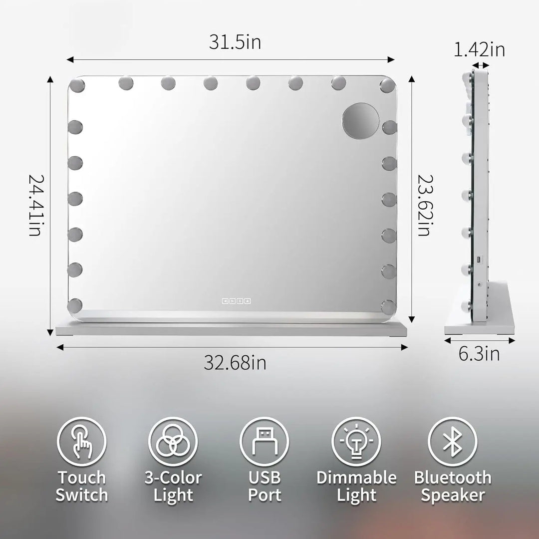 Hollywood Make-Up Mirror with Lighting 20 LED,Bluetooth Player, 80x60cm Large Cosmetic Mirror with 3 Dimmer Light ,USB,Touch