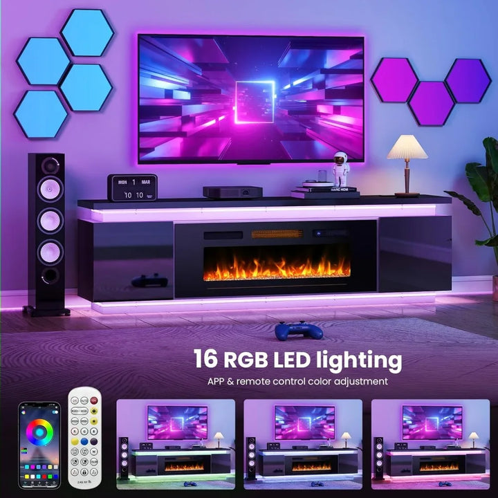 Fireplace TV-Stand for 85 inch TVs - TV-Stand with 40" Fireplace - Entertainment Center with 2 RGB LED Lights and 4 AC Power