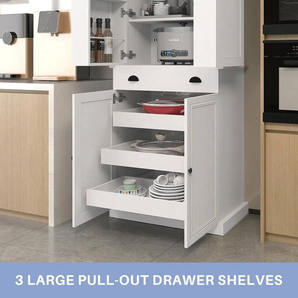 72.4" Kitchen Pantry Cabinet, Tall Storage Cabinet with Pull-Out Shelf Board and Drawer, Freestanding Cupboard with Ad