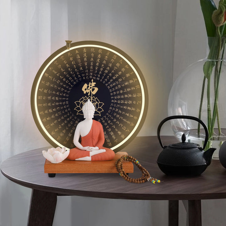 Ceramic Meditating Figurine for Home Décor with Circle LED Lamp – Decorative Sculpture
