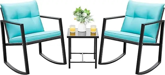 3 Piece Rocking Bistro Set Wicker Patio Outdoor Furniture Porch Chairs Conversation Sets with Glass Coffee Table (Beige)