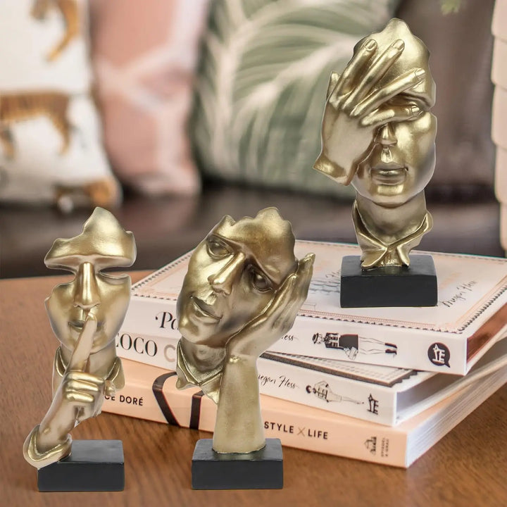 3 Pcs Thinker Statue, Silence is Abstract Art Figurine,  Modern Home Resin Sculptures Decorative Bookshelf Desktop(Gold), A-41