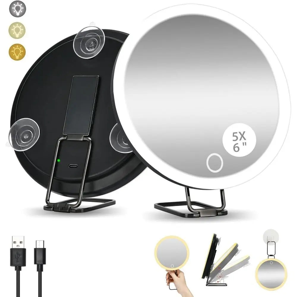 360° Adjustable Stand Magnifying Mirror with Light High-Definition Foldable LED Makeup Mirror 5/10/20/30x 3 Color Light