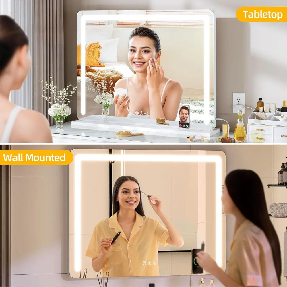 Vanity Mirror with Lights, 32" x 24" LED Large Vanity Makeup Mirror with Bluetooth Speaker, Wireless Charger, USB