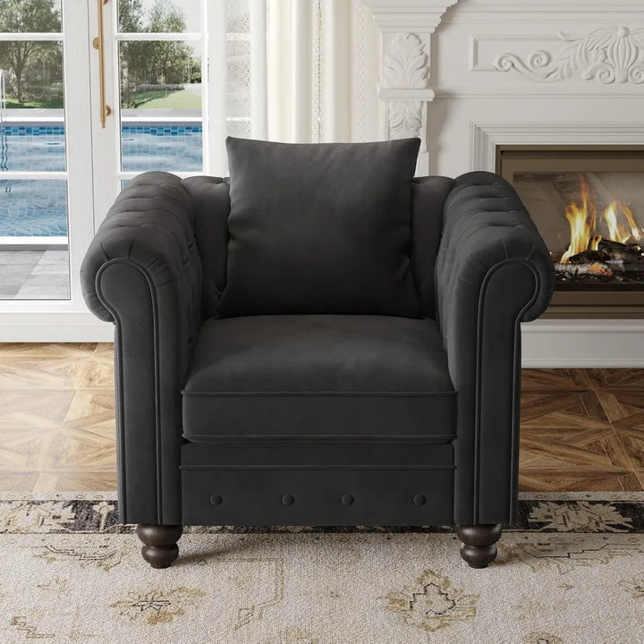 Vintage-Style Comfortable Button-Tufted Chesterfield Club Chair with Rolled Arms and Pillow for Living Room