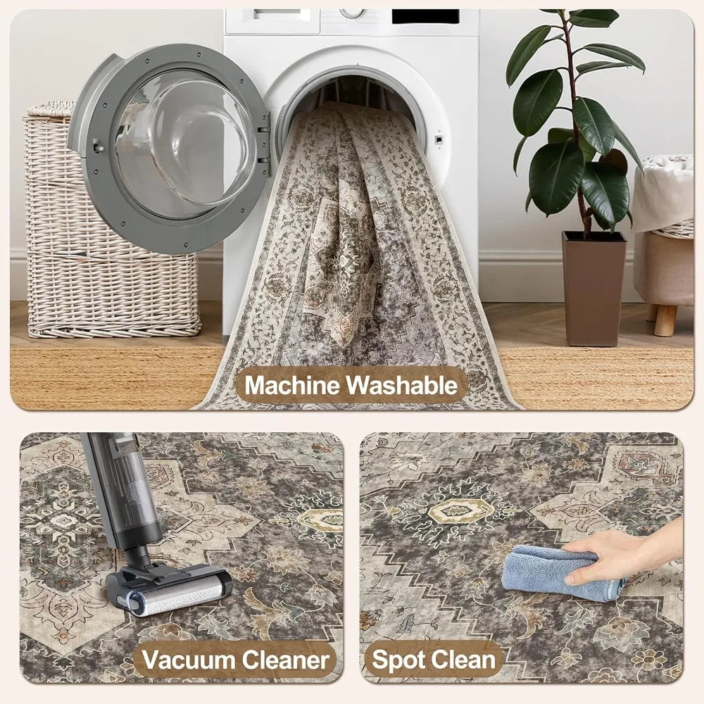 Vintage 8x10 Large Area Rugs for Living Room, Washable Indoor Non-Slip Rugs with Distressed Brown/Grey Print Design