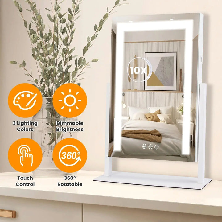 Lighted Makeup Mirror 15.74X11.81 Vanity Mirror with Lights Three Color Modes 10X Magnification Smart