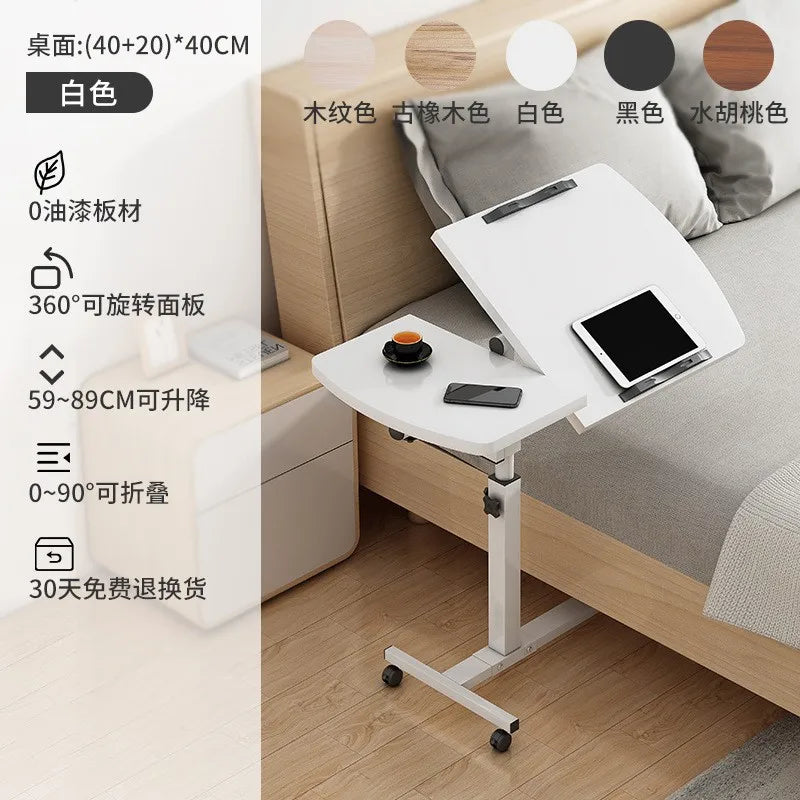 Tilting Overbed Table with Wheels, Height Adjustable Bedside Desk, 2 Tilting Desktops, Mobile Laptop Table Stand Desk