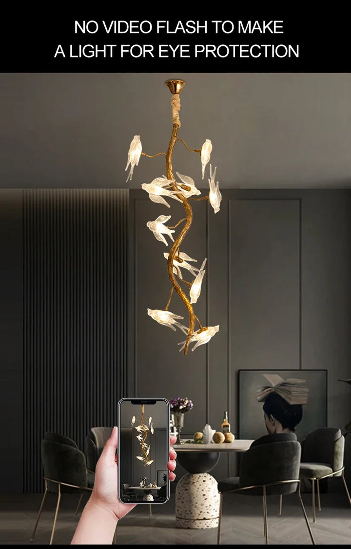 Luxury Branch Chandelier Glass Bird Crystal Led Ceiling Chandelier for Dining Room Bedroom Hotel Vintage Living Room Chandelier
