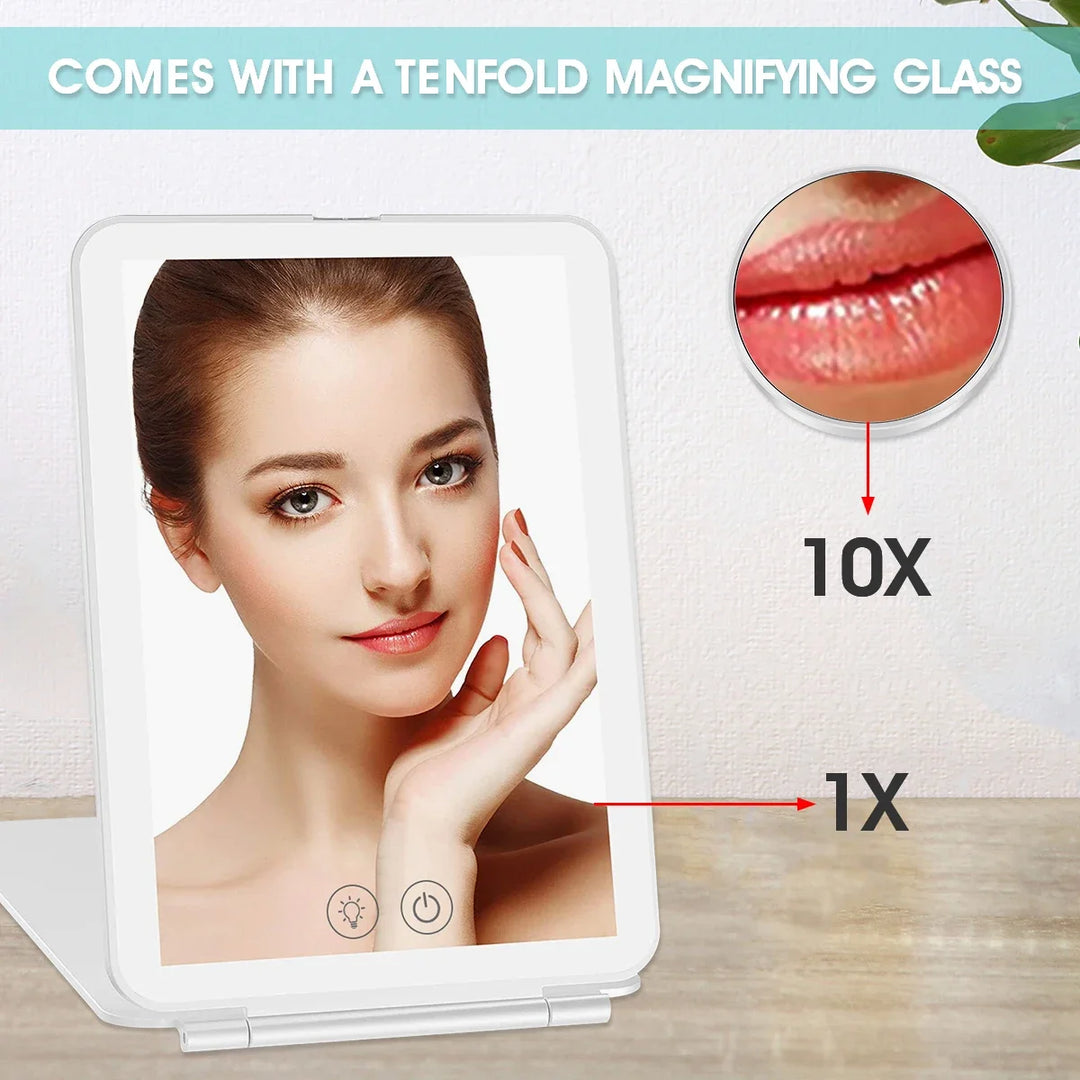 LED Makeup Mirror, Foldable Travel Cosmetic Mirror with Light, Touch Screen, Dimmable, 10X Magnifying Vanity Mirror