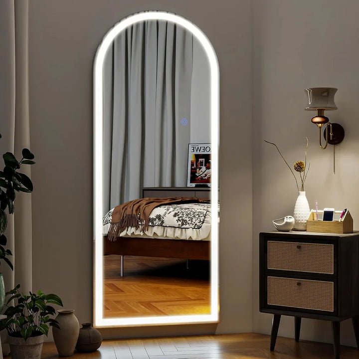 65"x26" LED Mirror Full Length, Arched Floor Body Mirror with Dimmable Lights - 3 Color Modes, Standing Leaning Wall