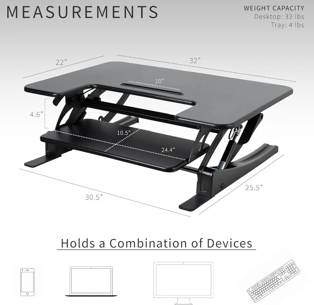 32 Inch Height Adjustable Stand Up Desk Converter, Dual Monitor Riser Workstation with Keyboard Tray, Black