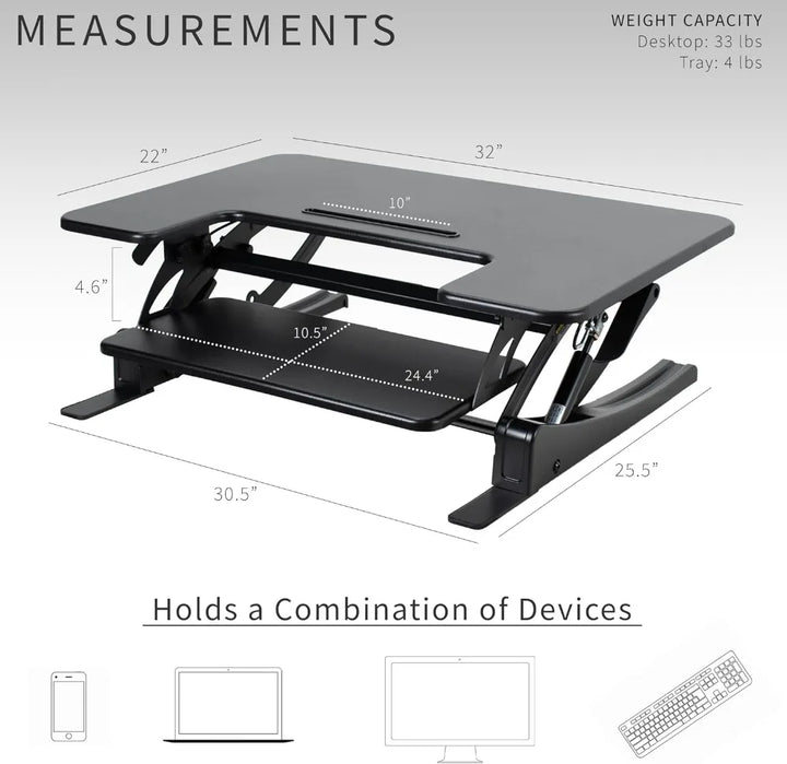 32 Inch Height Adjustable Stand Up Desk Converter, Dual Monitor Riser Workstation with Keyboard Tray, Black