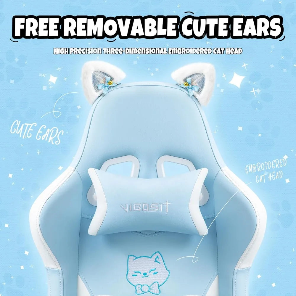 Cute Gaming Chair with Cat Paw Lumbar Cushion and Cat Ears, Ergonomic Computer Chair with Footrest, Reclining PC Game Chair for