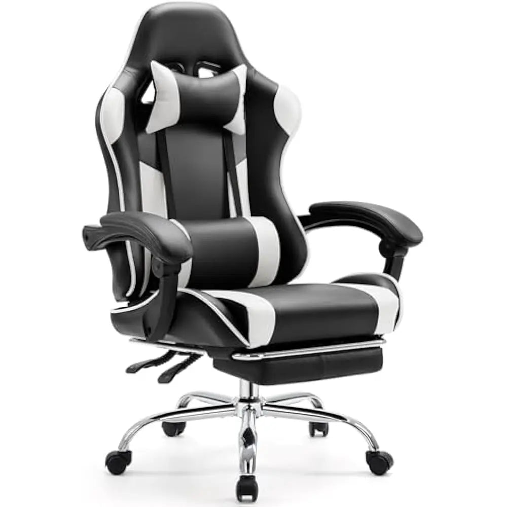Video Game Desk Chair w/Footrest and Comfy Lumbar Support, PU Leather Recliner with Headrest, Height Adjustable with 360° Swivel