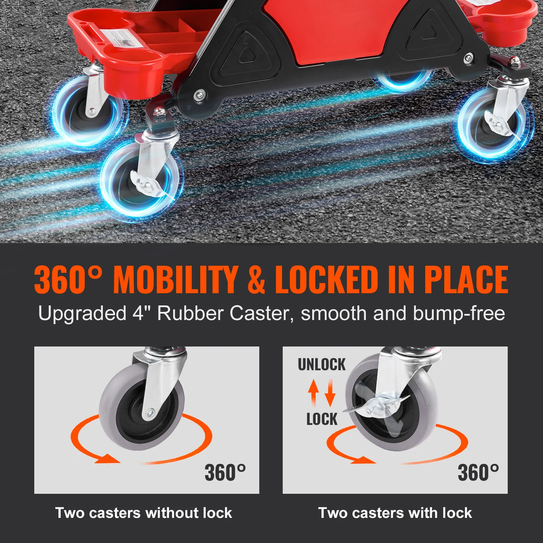 SucceBuy Rolling Mechanic Seat 300 LBS with Wheels Tool Trays Drawer Heavy Duty Roller Creeper Seat for Garage DIY Automotive