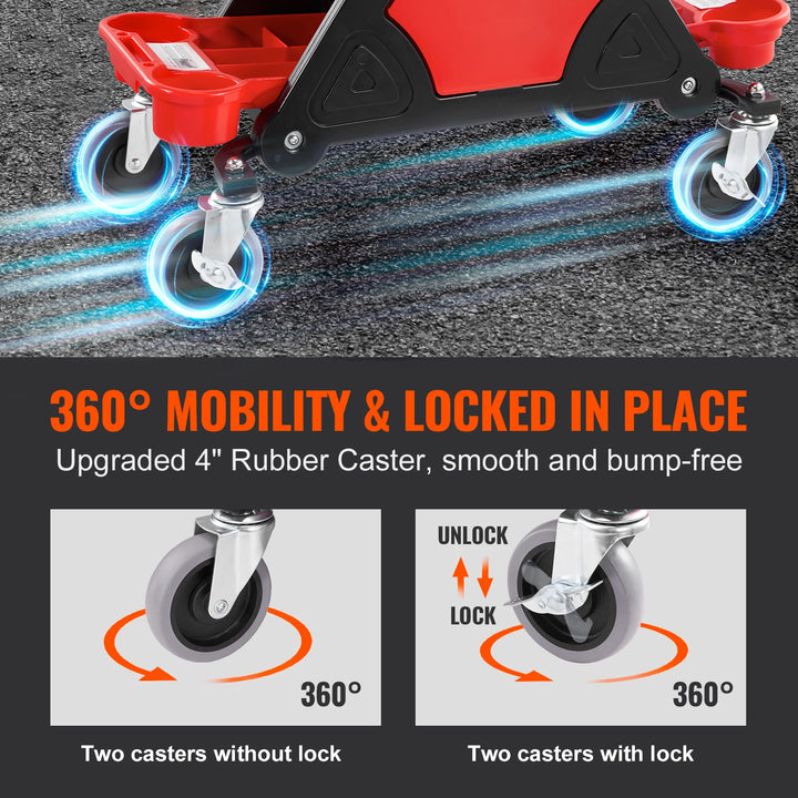 SucceBuy Rolling Mechanic Seat 300 LBS with Wheels Tool Trays Drawer Heavy Duty Roller Creeper Seat for Garage DIY Automotive