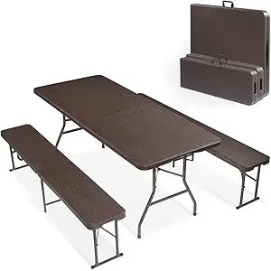 Picnic Table Set with 2 Benches, 6 Feet Camping Table Chair Set, 3-Piece Folding Furniture for Indoor or Outdoor Use, Tree Patt