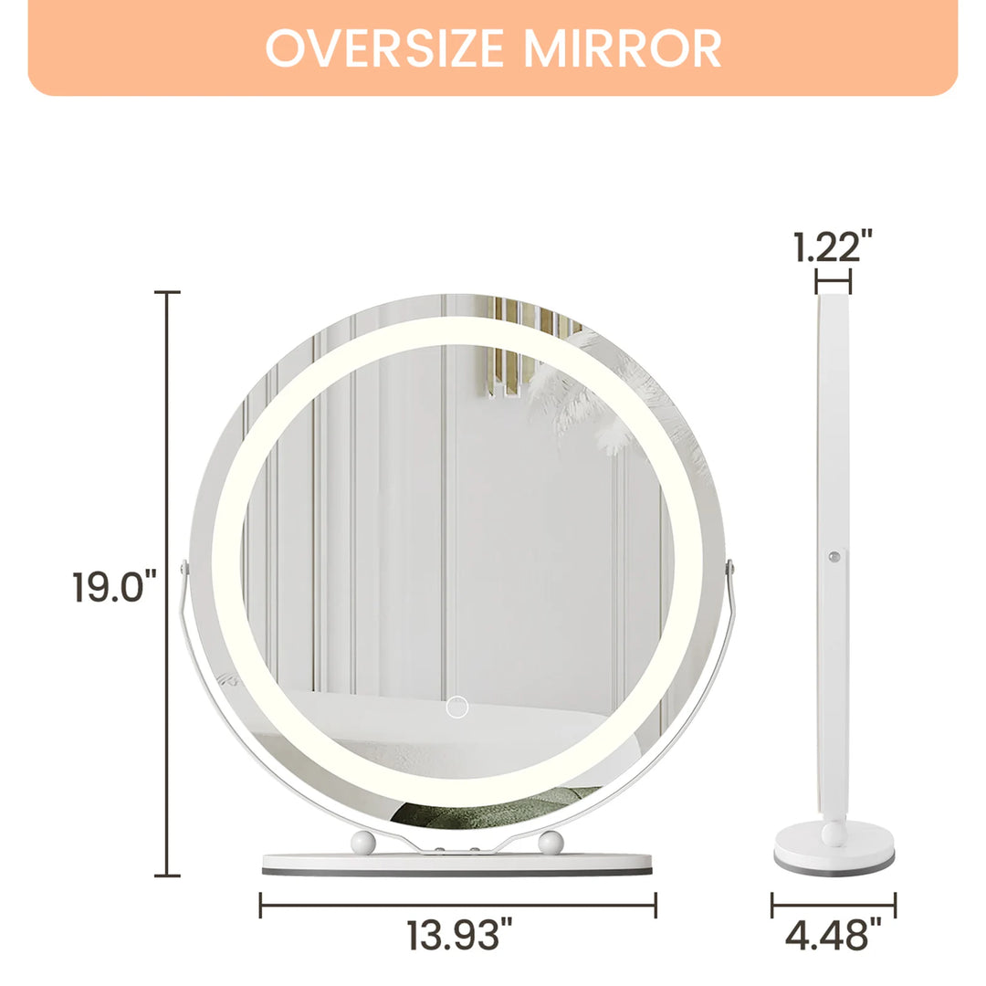19 Inch Large Round Vanity Mirror with Lights LED Makeup Mirror Touch Control 3 Colors Lighting Dimmable for Bedroom Tabletop