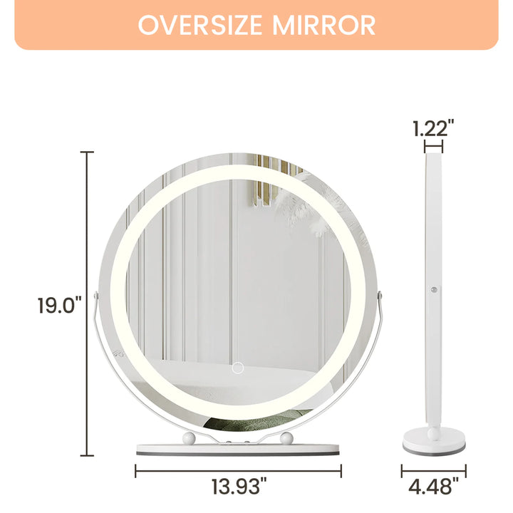 19 Inch Large Round Vanity Mirror with Lights LED Makeup Mirror Touch Control 3 Colors Lighting Dimmable for Bedroom Tabletop