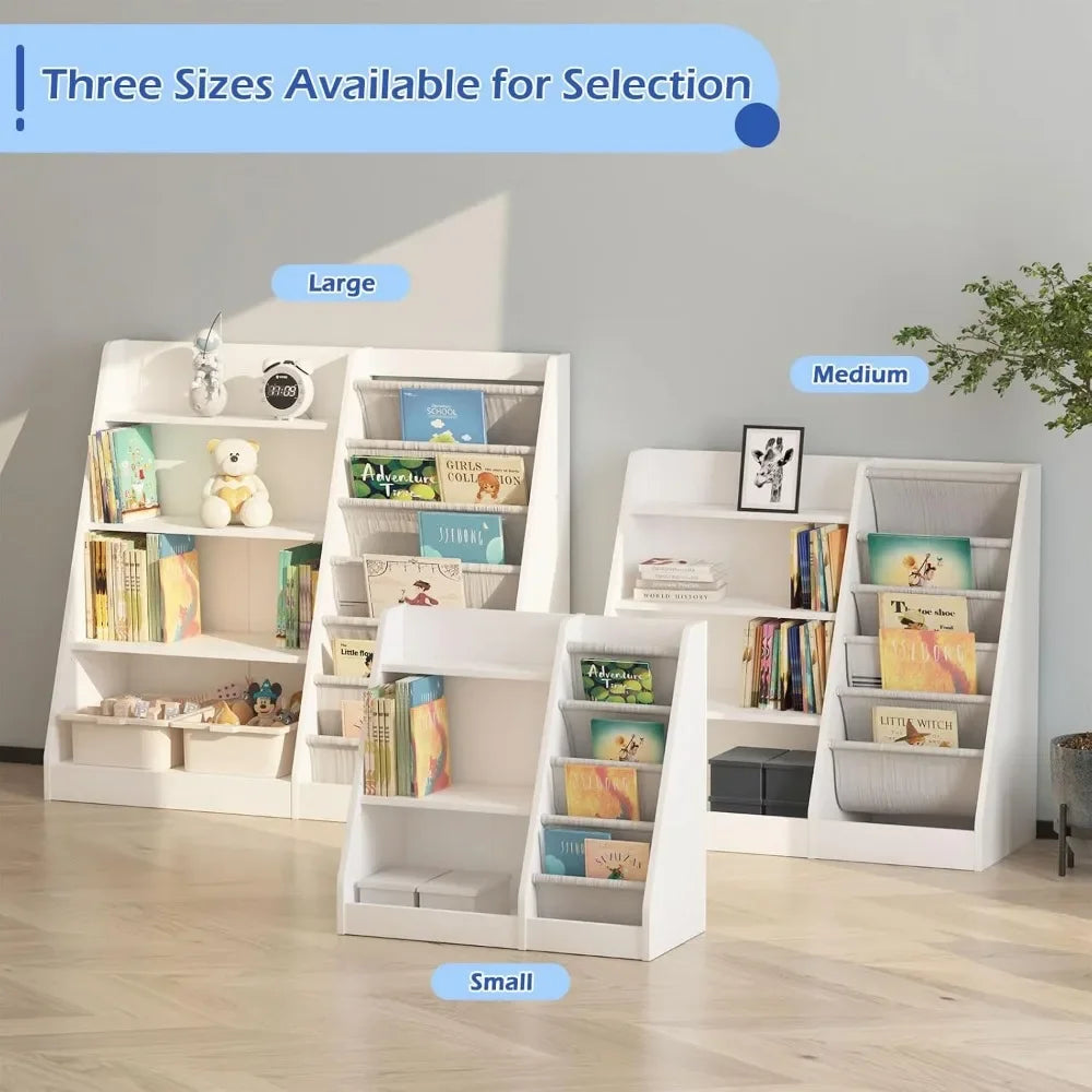 "White Kids Bookshelf, Wooden Toy Storage Organizer Cabinet – Toddler-Friendly Bookcase with Sling Racks & Adjustable Shelves"