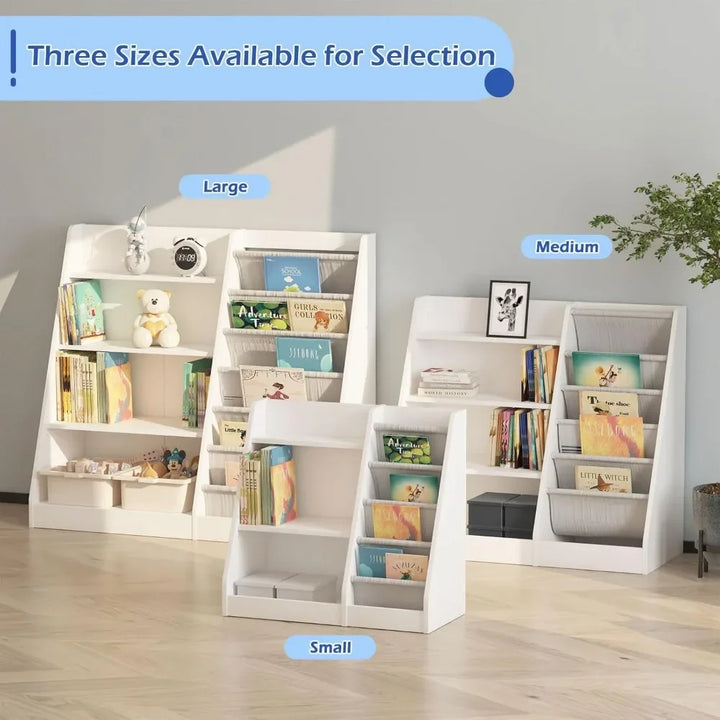 "White Kids Bookshelf, Wooden Toy Storage Organizer Cabinet – Toddler-Friendly Bookcase with Sling Racks & Adjustable Shelves"