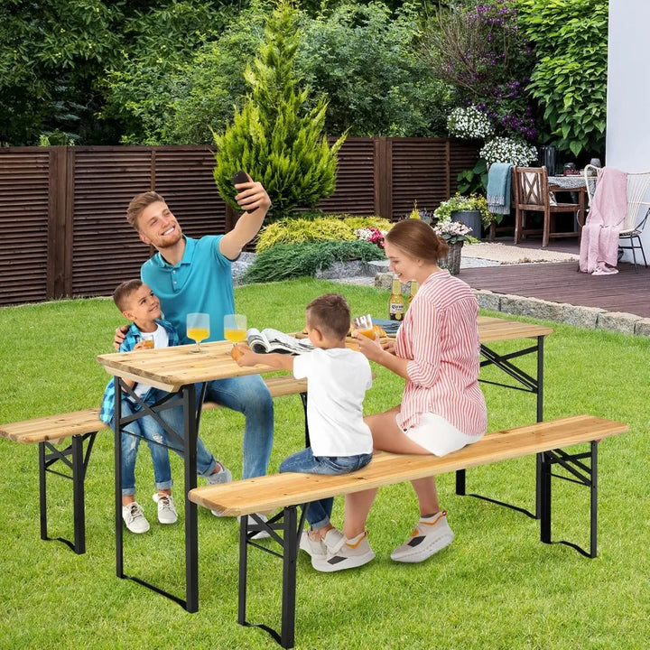Foldable Picnic Table with Benches, 3-Piece 70” Portable Beer Garden Table with Sturdy Steel Frame, Folding Wooden Picnic