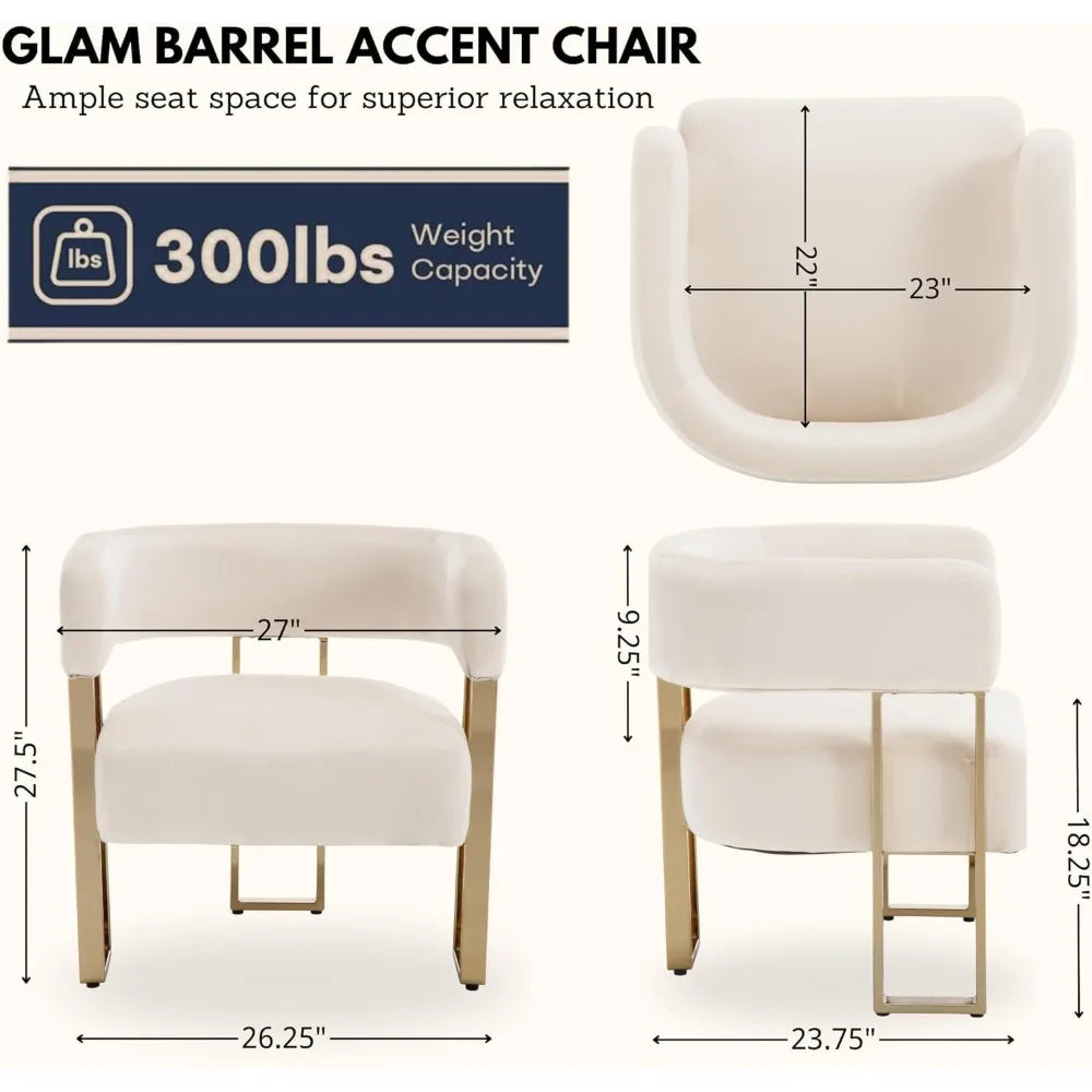 Modern Velvet Accent Chairs Set of 2, Upholstered White Barrel Armchair Living Room Chair with Gold Metal Legs Comfy Corner Sofa