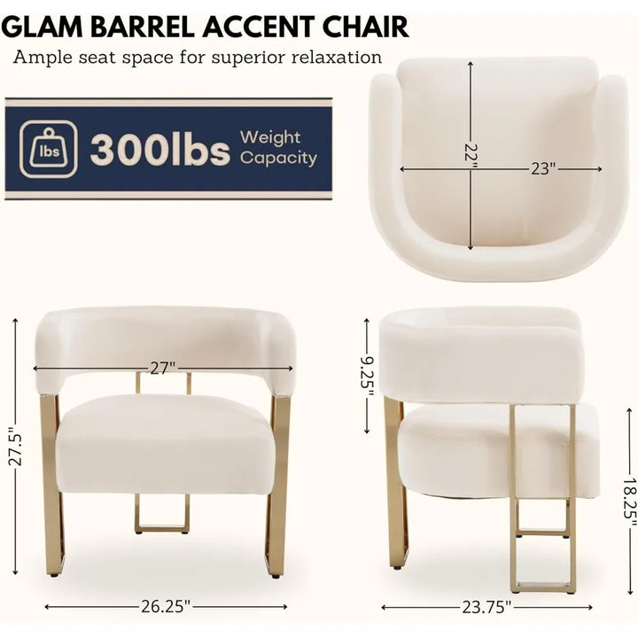 Modern Velvet Accent Chairs Set of 2, Upholstered White Barrel Armchair Living Room Chair with Gold Metal Legs Comfy Corner Sofa
