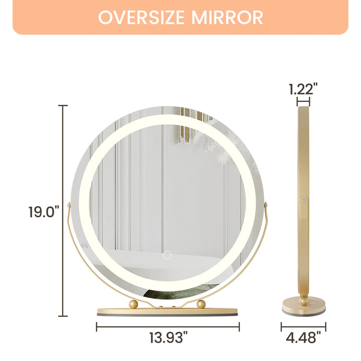 19 Inch Large Round Vanity Mirror with Lights LED Makeup Mirror Touch Control 3 Colors Lighting Dimmable for Bedroom Tabletop