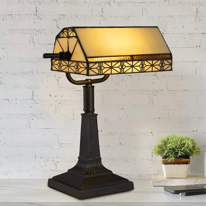 Tiffany-Style Bankers Lamp - Vintage-Looking Mission-Style Table or Desk LED Light with Stained Glass Shade (Dark Br