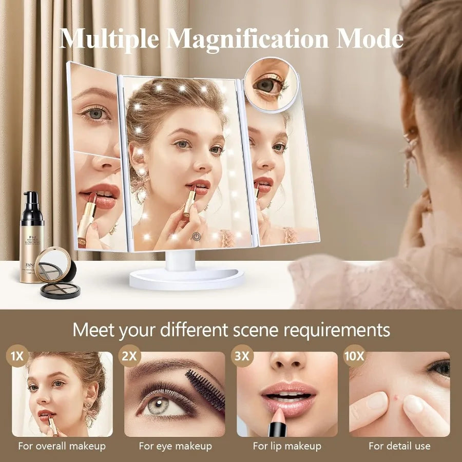 Makeup Mirror Vanity Mirror with Lights 2X 3X 10X Magnification Touch Control Trifold White 9.4L x 13.4W Modern Style Dresser M