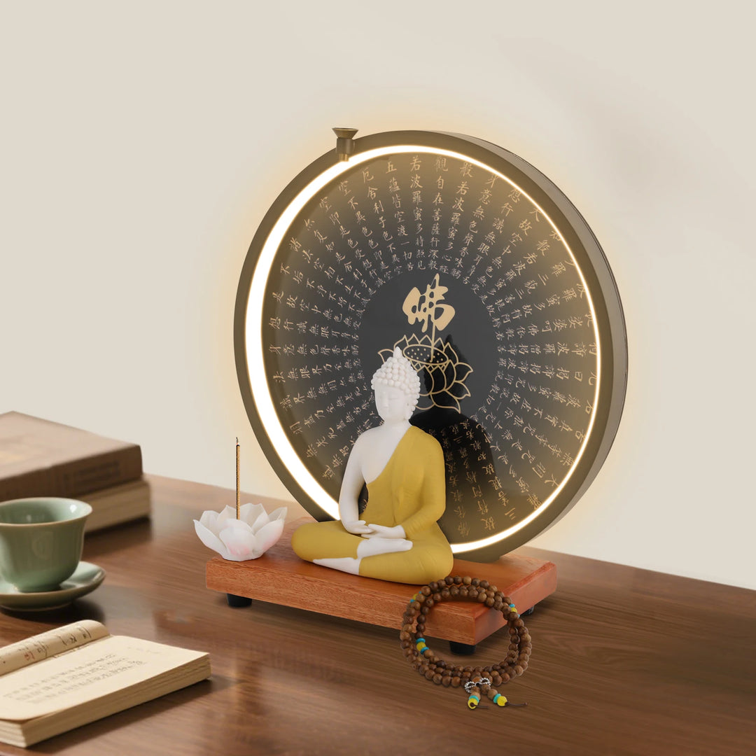 Ceramic Meditating Figurine with Circle LED Lamp – Decorative Sculpture for Home or Office, White/Red/Yellow/Blue, 11.8 x 4.7 x 13 in