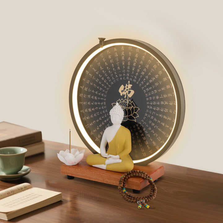 Ceramic Meditating Figurine with Circle LED Lamp – Decorative Sculpture for Home or Office, White/Red/Yellow/Blue, 11.8 x 4.7 x 13 in